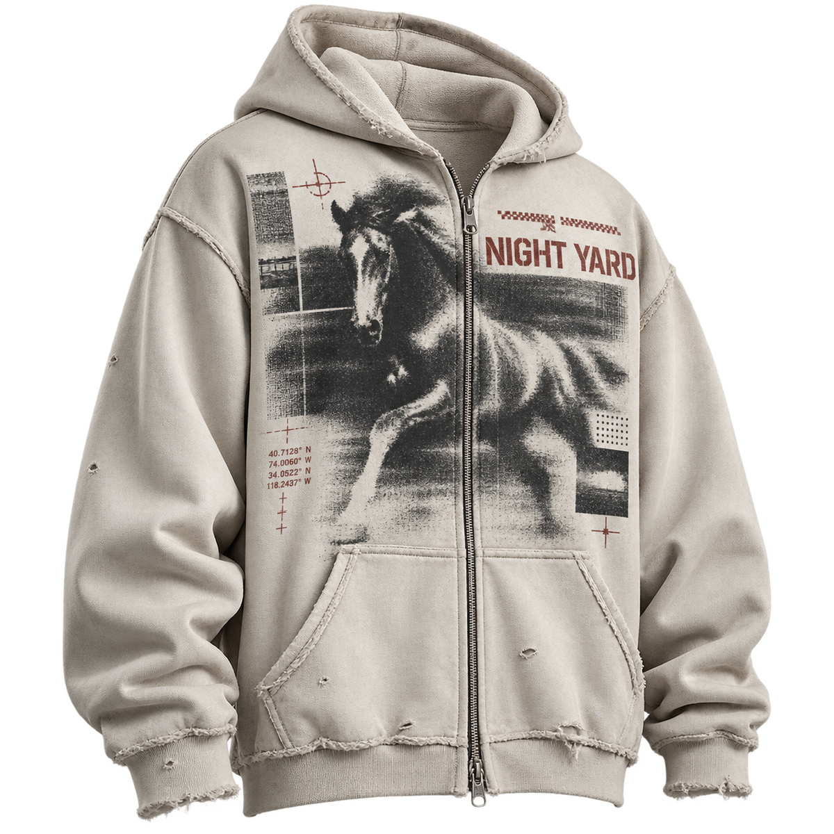Blackout Horse Distressed Zip Hoodie by Night Yard on transparent background