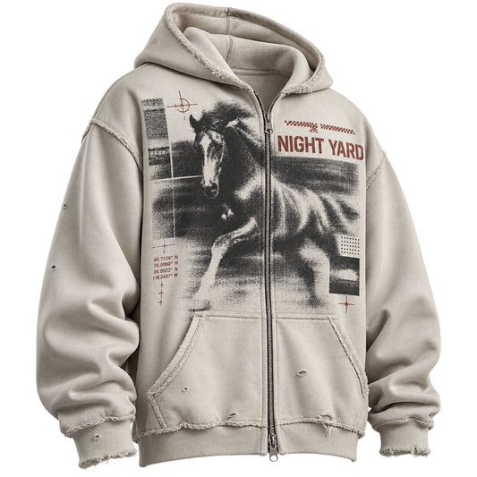 Blackout Horse Distressed Zip Hoodie by Night Yard on transparent background