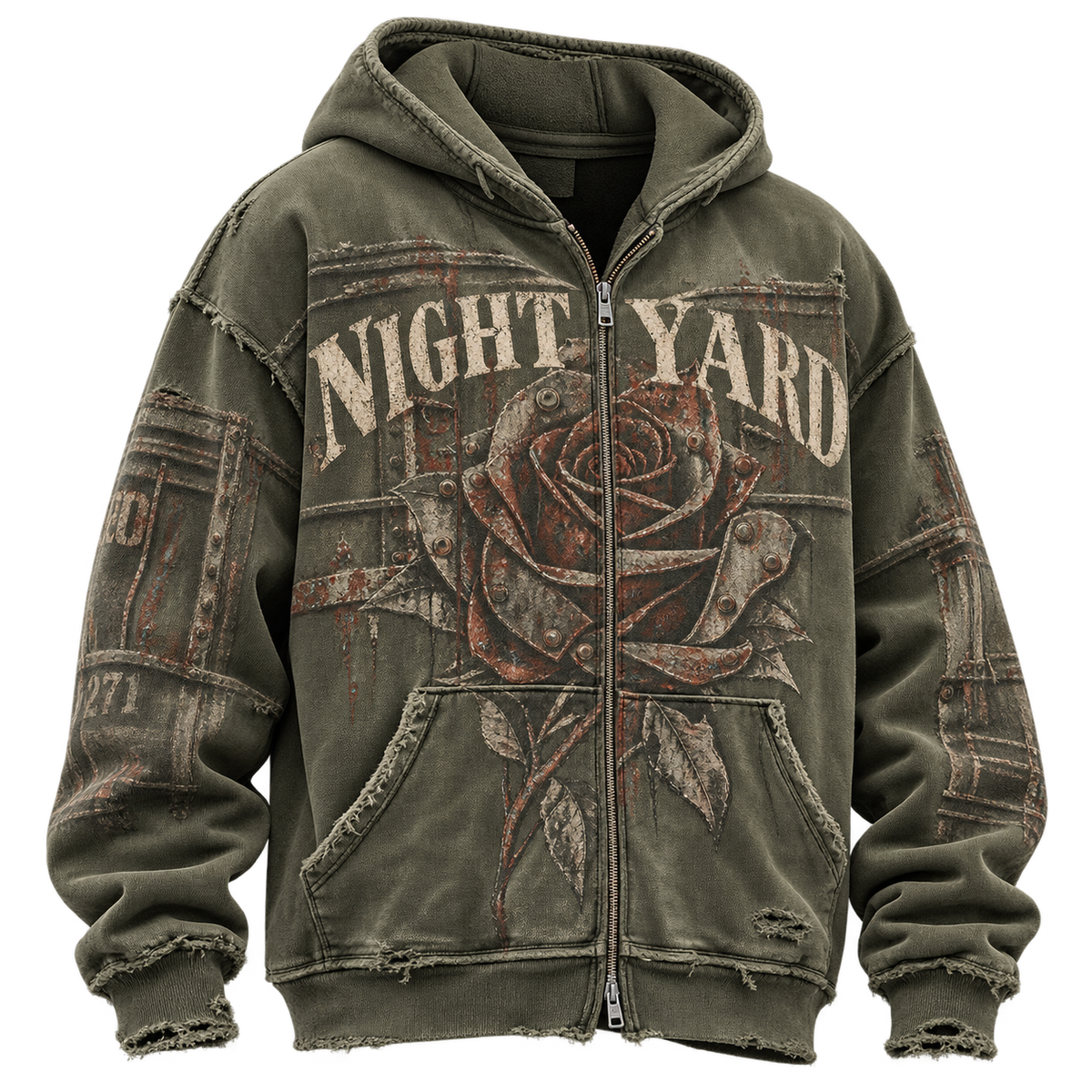 Freight Rose Distressed Zip Hoodie by Night Yard on transparent background