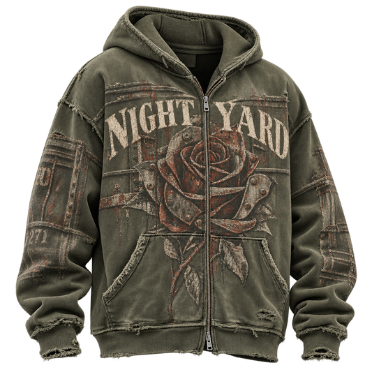 Freight Rose Distressed Zip Hoodie by Night Yard on transparent background