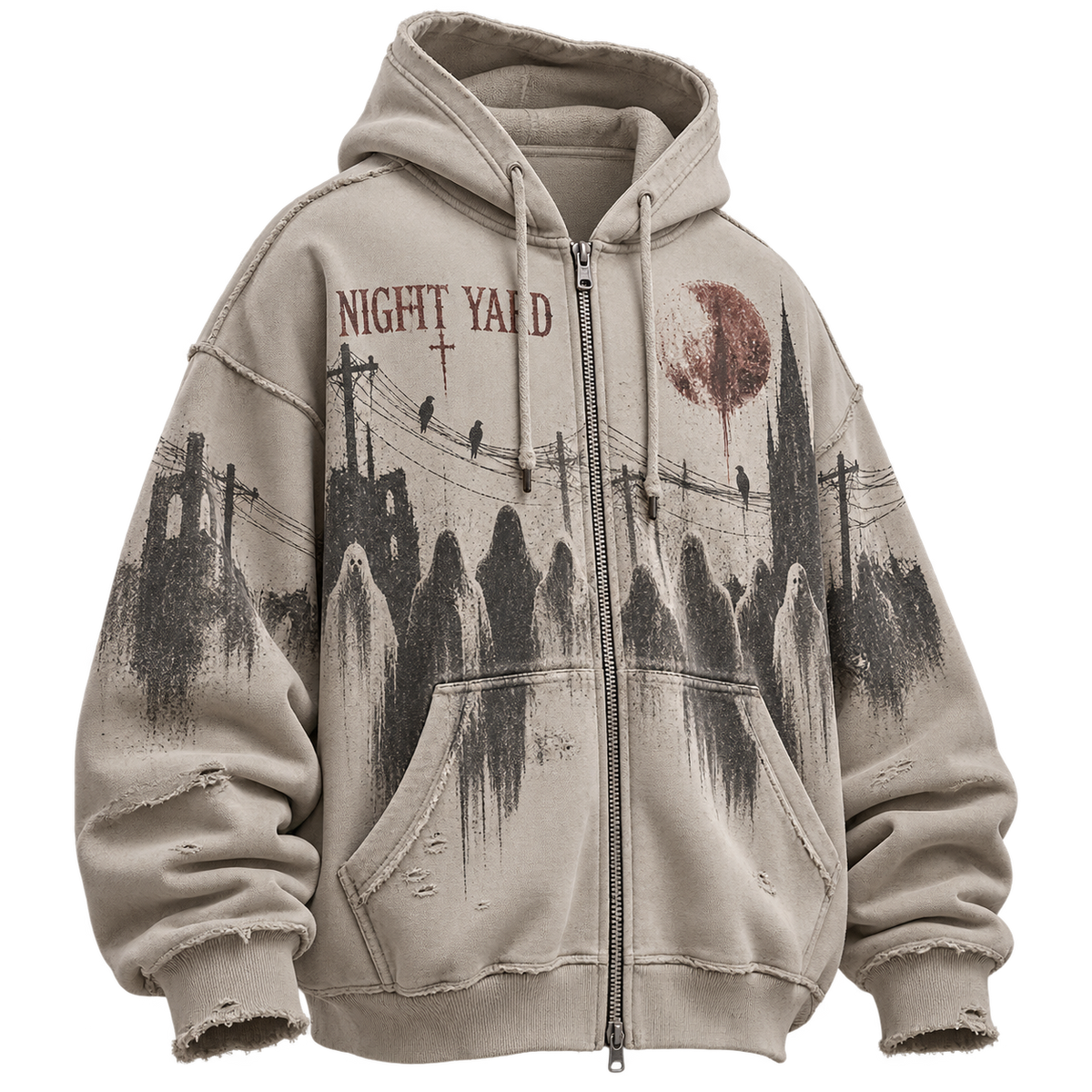 Midnight Choir Distressed Oversized Zip Hoodie by Night Yard on transparent background