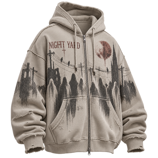 Midnight Choir Distressed Oversized Zip Hoodie by Night Yard on transparent background