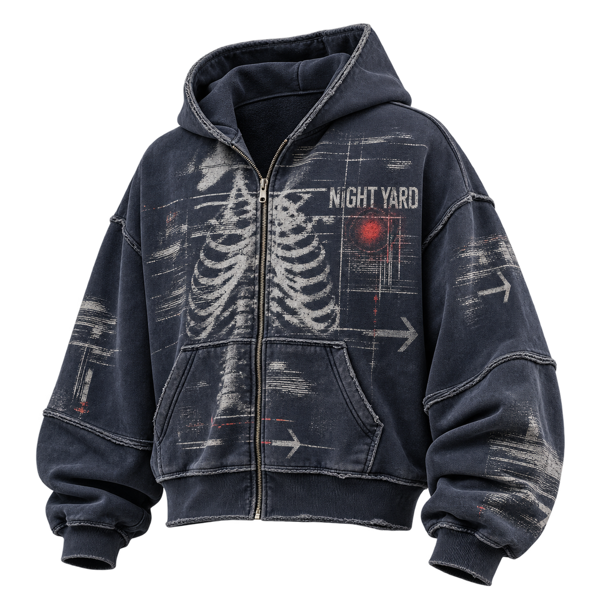 Signal Loss Faded Skeleton Zip Hoodie by Night Yard on transparent background