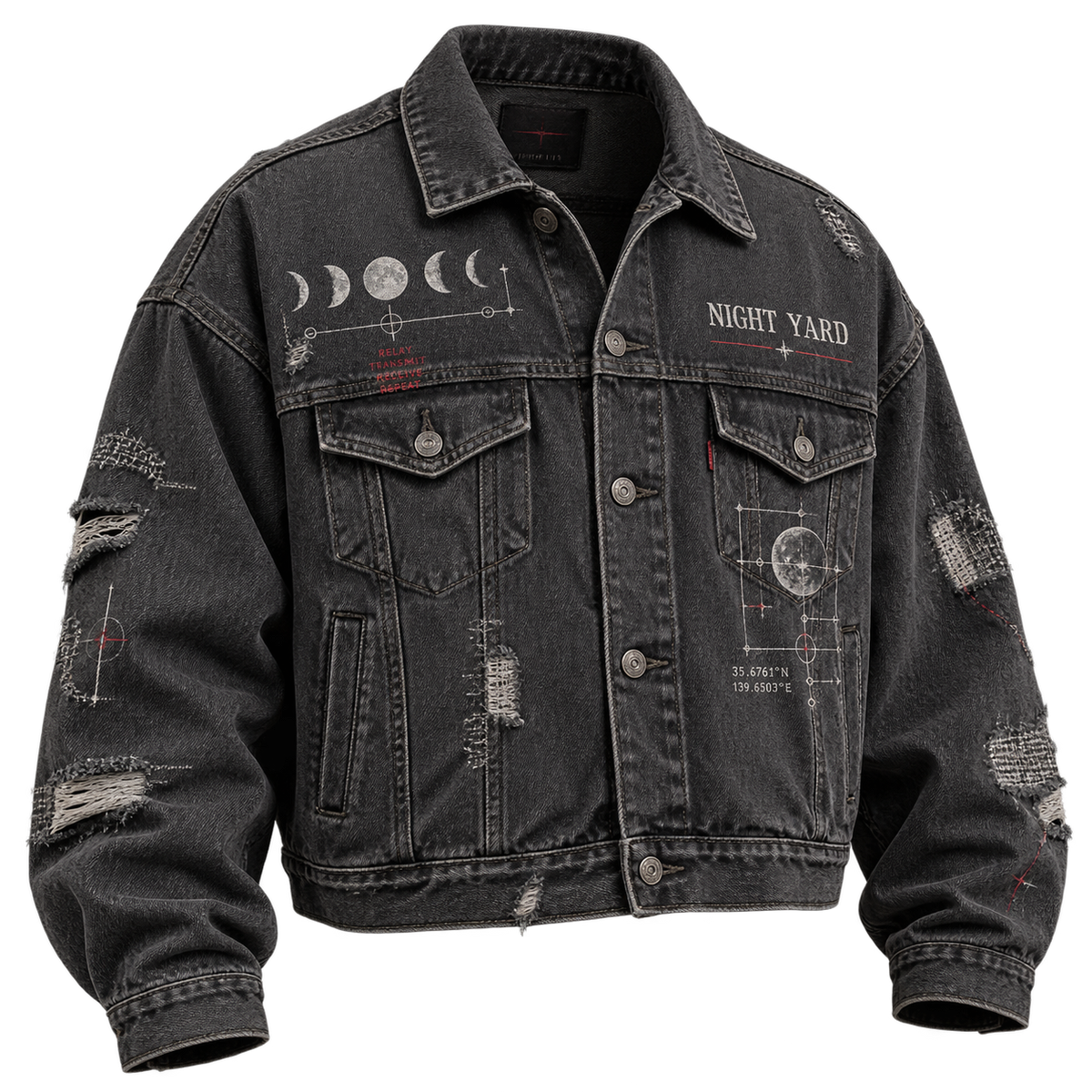 Moon Relay Distressed Denim Trucker by Night Yard on transparent background