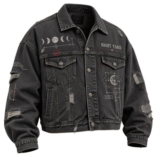Moon Relay Distressed Denim Trucker by Night Yard on transparent background