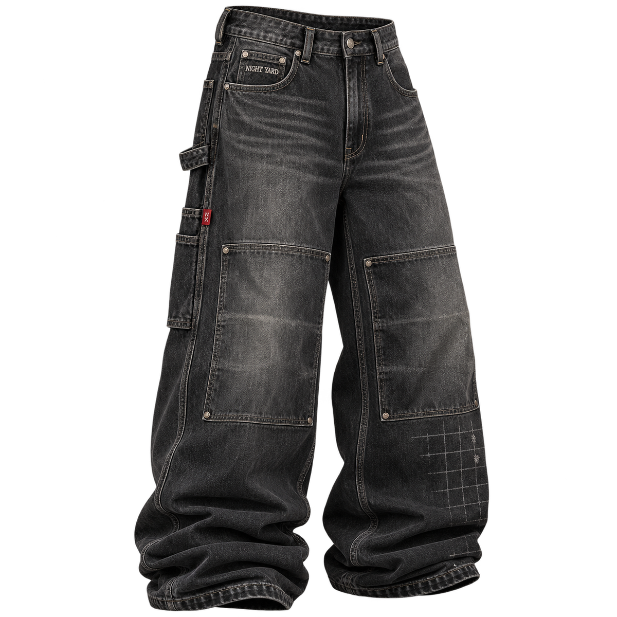 Washed Black Yard Grid Baggy Carpenter Jean by Night Yard on transparent background