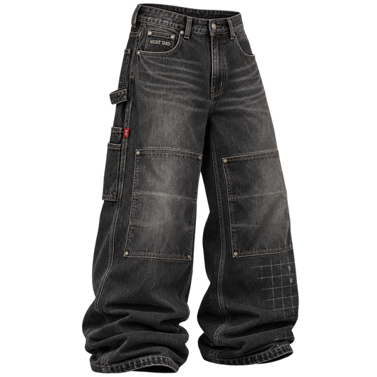 Washed Black Yard Grid Baggy Carpenter Jean by Night Yard on transparent background