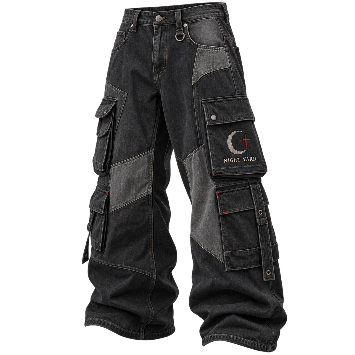 Charcoal Moon Pocket Patchwork Cargo Jean by Night Yard on transparent background