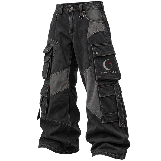 Charcoal Moon Pocket Patchwork Cargo Jean by Night Yard on transparent background