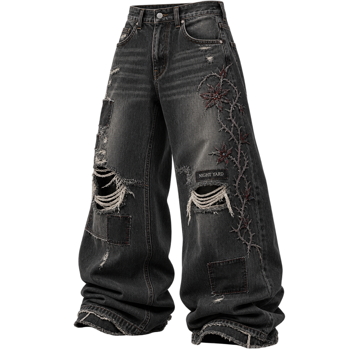Charcoal Night Bloom Distressed Baggy Jean by Night Yard on transparent background