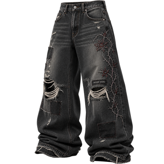 Charcoal Night Bloom Distressed Baggy Jean by Night Yard on transparent background