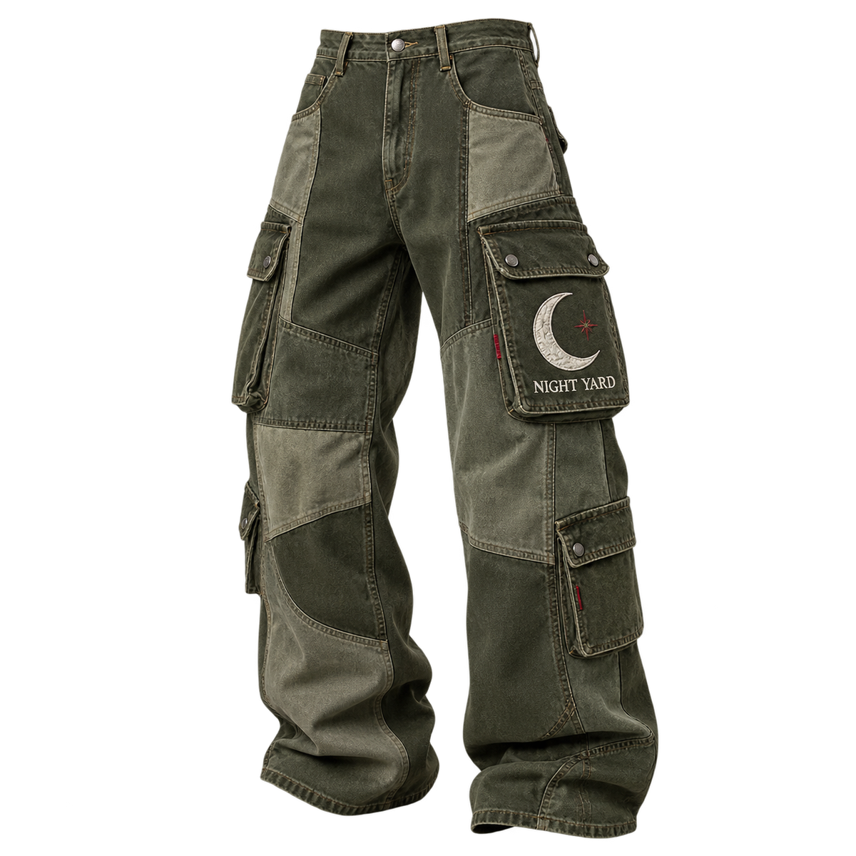 Olive Moon Pocket Patchwork Cargo Jean by Night Yard on transparent background