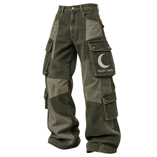 Olive Moon Pocket Patchwork Cargo Jean by Night Yard on transparent background
