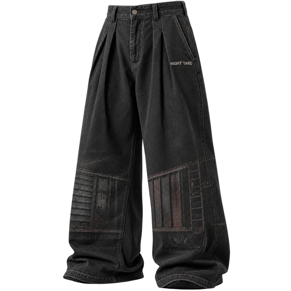 Washed Black Freight Mark Pleated Wide Trouser by Night Yard on transparent background