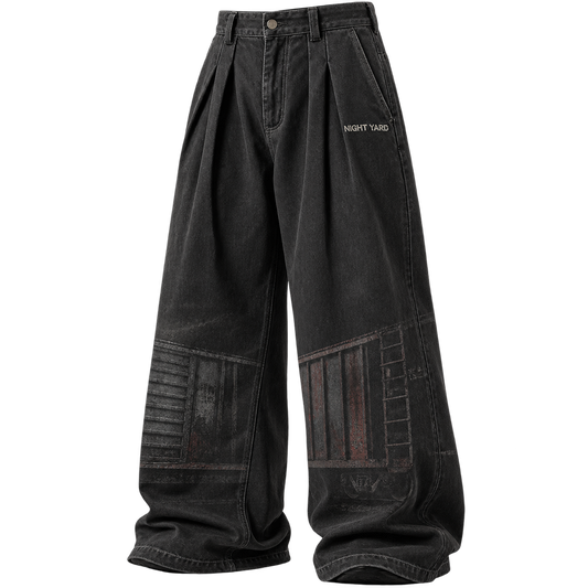 Washed Black Freight Mark Pleated Wide Trouser by Night Yard on transparent background