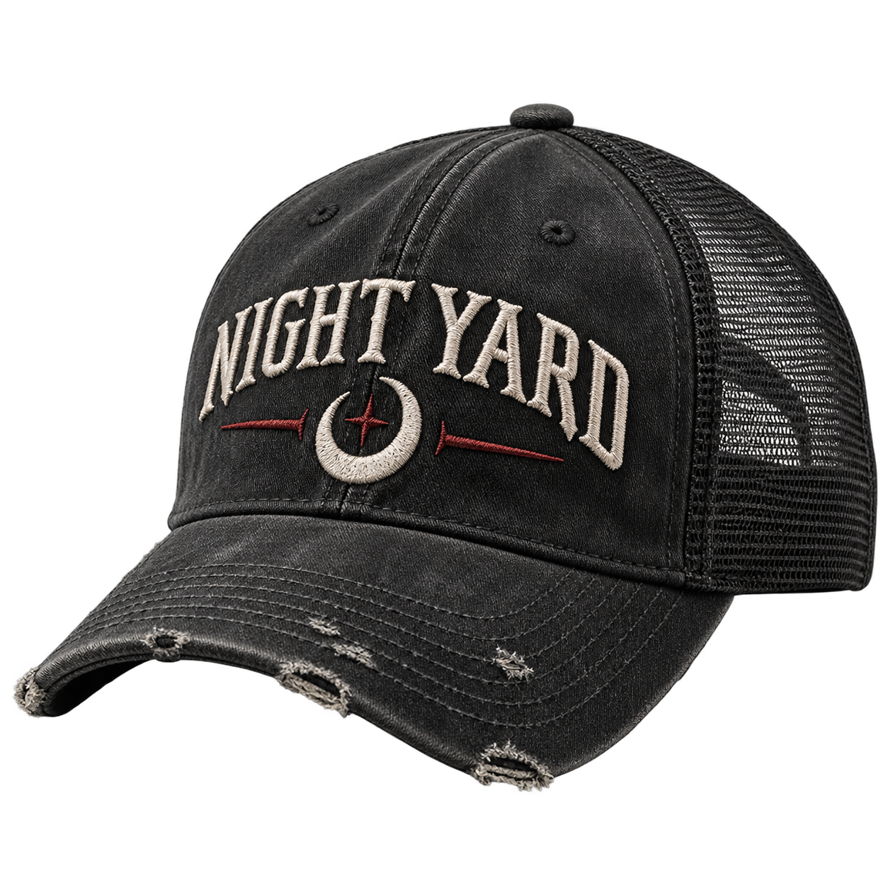 Night Yard Moon Signal distressed trucker cap